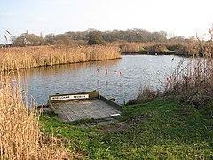 Fishing platform, designed for wheelchair users, at the edge of a fish pond.