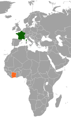 Map indicating locations of France and Ivory Coast