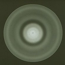 Experimental gas electron diffraction pattern, showing diffuse rings.