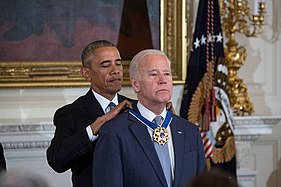 President Barack Obama awards the medal with Distinction to then-Vice President Joe Biden, 2017. Biden later became the first president to receive the award before assuming office.