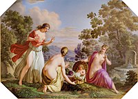 Detail from a tray painted by Daffinger, after 1808, Cecrops' Daughters Discover Erichtonius