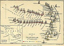 Coloured map of the Battle of Trafalgar by Longmans, Green, and Co., of London, illustrating battleship positions on 21 October 1805