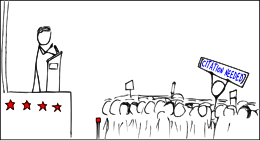 A cartoon of a political rally, with someone in the crowd holding up a banner reading "[Citation needed]"