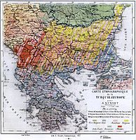 Pro-Greek map of the ethnic composition of the Balkans in 1877 by A. Synvet, a renowned French professor of the Ottoman Lyceum of Constantinople[27]