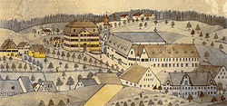 Baindt Abbey; drawing of 1889, based on earlier image
