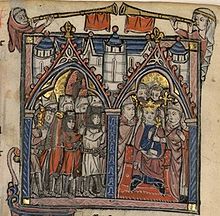 Two bishops place a crown on the head of a man sitting on a throne