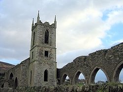 Ruine der Baltinglass Abbey mit dem Turm einer anglikanischen Kirche, die zu Beginn des 19. Jahrhunderts in der Ruine errichtet wurde