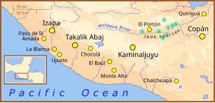 Map showing Quiriguá's location at the eastern end of the Motagua drainage and showing a tight cluster of jade sources upriver to the west. The landmass is bordered by the Pacific Ocean to the southwest.