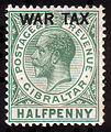 Gibraltar half penny King George V stamp of 1918 overprinted war tax