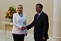 Prime Minister Hun Sen shakes hand with Secretary of State Hillary Clinton before their meeting in Phnom Penh; July 11, 2012.