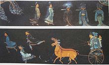 Two images of a decorated black pot. The top image shows the back view of five figures in flowing green, blue and black robes; the bottom image shows three of these figures now running to the left, chased by a chariot pulled by two horses.