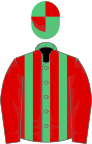 Emerald green and red striped, red sleeves, quartered cap
