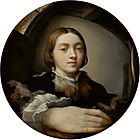 Parmigianino, Self-portrait in a mirror c. 1524, is itself painted on a convex surface, like that of the mirrors of the period