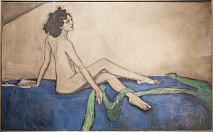 painting of nude white woman with dark hair, reclining on a couch, holding a single veil
