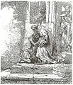 Rembrandt's 1636 etching on the subject, influenced by a woodcut by Martin van Heemskerck[8]