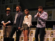 Cast and crew of Dawn of the Planet of the Apes: director Matt Reeves and actors Jason Clarke, Keri Russell, and Andy Serkis