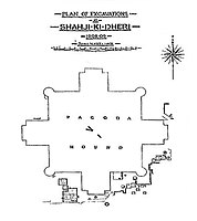 Ground plan of the second stupa, of a cruxiform shape. The central square plinth is 175 feet (53 m) wide, the full width, including the stairs is 272 feet (83 m).[6]