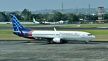 A Sriwijaya Air Boeing 737-800 at Ngurah Rai International Airport, Denpasar, Bali, in 2023