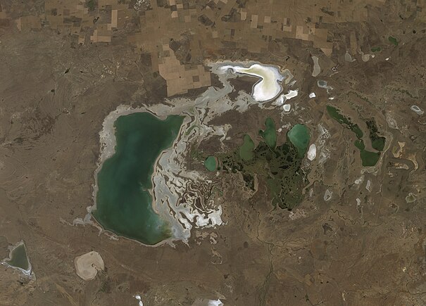 Tengiz Lake with a relative low level, 3 September 2011, north-east part and lake margins dried up, photo taken by Landsat 5 satellite.