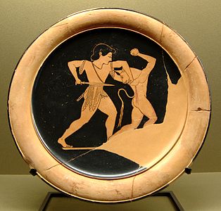 Theseus and the Minotaur. Attic red-figured plate, 520–510 BC.