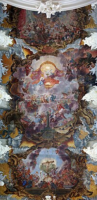 A large panoramic image of the majority of the painted ceiling of Saint Paulinus' Church