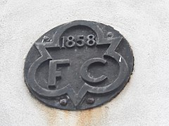 Hydrant sign in Cork, Ireland, dated 1858. The letters "FC" indicate the old name for a hydrant: firecock.