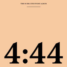A peach-colored background with "4:44" in a large black typeface at the bottom and "THIS IS HIS 13TH STUDIO ALBUM" at the top much smaller