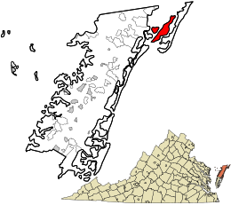 Location of Chincoteauge in Accomack County, Virginia and of Accomack County in Virginia