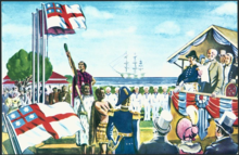 A postcard from the 1900s depicts the 1834 vote to adopt the flag, including HMS Alligator anchored nearby.