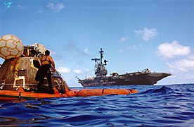 The mice and Command Module America retrieved by the USS Ticonderoga, December 19, 1972 (the three astronauts were already on board the ship)
