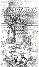 A sketch of four men working in an open air workshop; one is putting objects into a chimney-like object in the middle of the picture, from which smoke is emerging. Behind them is the front of another building with a tiled roof.