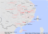 Karte der „kommunistisch kontrollierten Sowjetzonen Chinas“ während und nach den Einkreisungsaktionen.