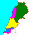 Image 4Map showing power balance in Lebanon, 1983: Green – controlled by Syria, purple – controlled by Christian groups, yellow – controlled by Israel, blue – controlled by the United Nations (from History of Lebanon)