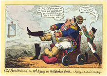 Cartoon of a fat man in military uniform, his crown falling off, trying to put on cavalry boots that are much too small for his grossly swollen feet. He says: "Oh! God of St. Louis assist me for tho' I have had my heels well rub'd with Beans grease yet I'm afraid I shall find it a d—d awkward job—". An aide behind him is catching his crown and says "The Boots won't fit—you old Bourbon—I'll try them on by-the-by".