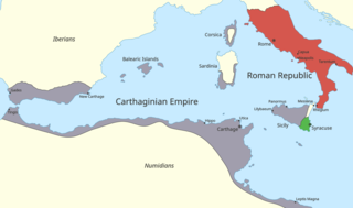 a colour of the western Mediterranean region showing the areas under Roman and Carthaginian control in 264 BC