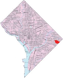 Map of Washington, D.C., with the Marshall Heights neighborhood highlighted in red