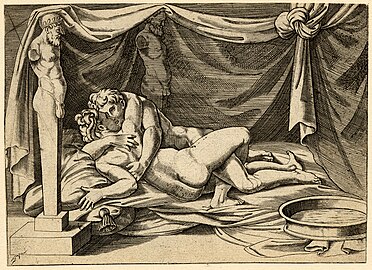 This engraving is thought to be by Agostino Veneziano. The image on this engraving corresponds to the first image in the woodcut copy booklet.[1] A figure in this image has been copied in the maiolica dish titled The Tiber in Flood.[12]