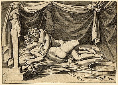 The corresponding image thought to be by Agostino Veneziano. Around 1530.[2]British Museum