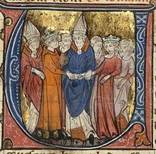 A crowned man and woman joining hands before a bishop.
