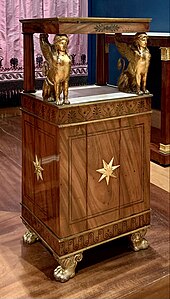 Neoclassical palmettes on a nightstand, from the bedroom of Madame Récamier, by Georges II Jacob and François-Honoré-Georges Jacob-Desmalter, before 1799, mahogany, ebony, copper, gilt bronze mounts and white marble, Louvre