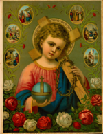 Chromolithograph of Jesus as a child, holding an orb and a crown of thorns