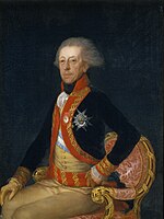 Portrait depicts a seated elderly man with flyaway gray hair. His 18th century clothing includes a black coat with buff waistcoat and breeches. To a modern eye, his pose appears effete with his right hand on his knee and his left hand on his hip.