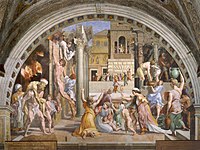 The Fire in the Borgo, 1514, Stanza dell'incendio del Borgo, painted by the workshop to Raphael's design