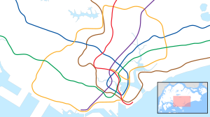 A map of the Singapore rail system, with a colour for each line and a red dot highlighting the location of City Hall station in Singapore.