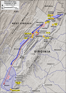 Map of Shenandoah Valley showing Sheridan pushing Early south and area of "The Burning" between Harrisonburg and Staunton