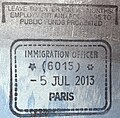 British entry stamp issued by the UK Border Force at Paris Gare du Nord station.