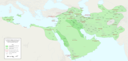 Blank map of the Middle East, with the Abbasid Caliphate in green and dark green and the major regions and provinces marked