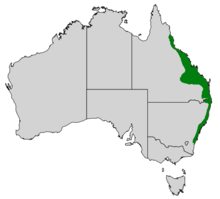 Map of Australia showing highlighted range covering eastern Queensland and New South Wales