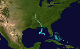 Track map of tropical storm. The Florida Panhandle is situated near the center of the map.
