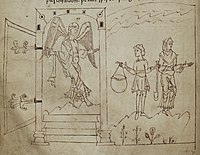 In this illustration from page 46 of the Caedmon manuscript, an angel is shown guarding the gates of paradise, after Adam and Eve have been expelled.